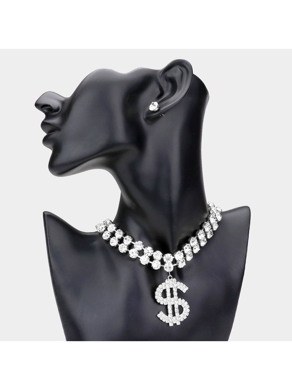 NEW Rhinestone Dollar Sign Pendant Choker Necklace Silver